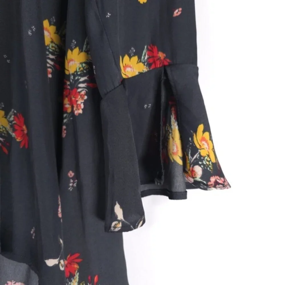 Free People Mini Dress Floral LS Slit Cuffs Tie Vneck Flare Silky Midnight LARGE
